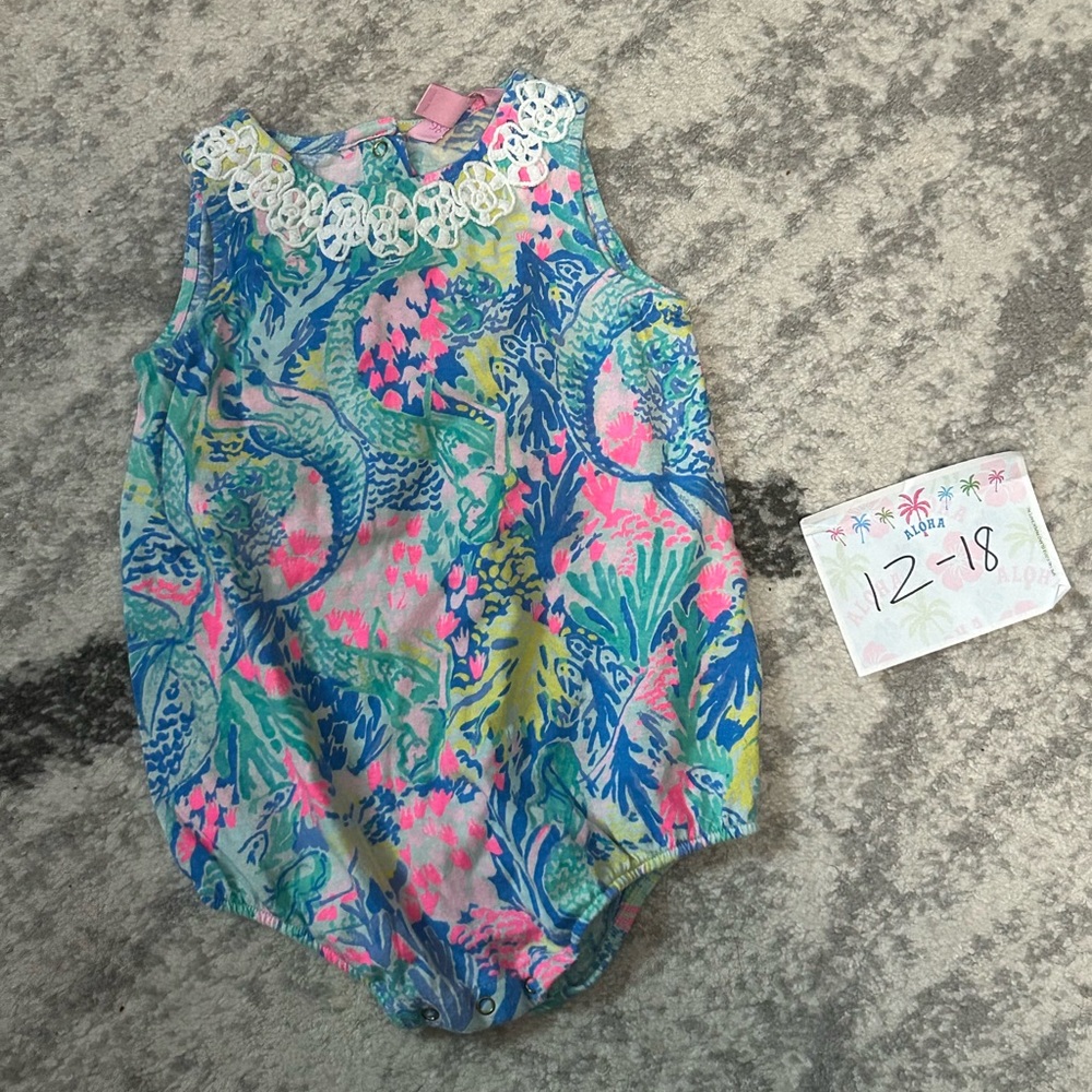 Lilly Pulitzer Tropical Blue and Pink Bubble romper baby girls 12-18